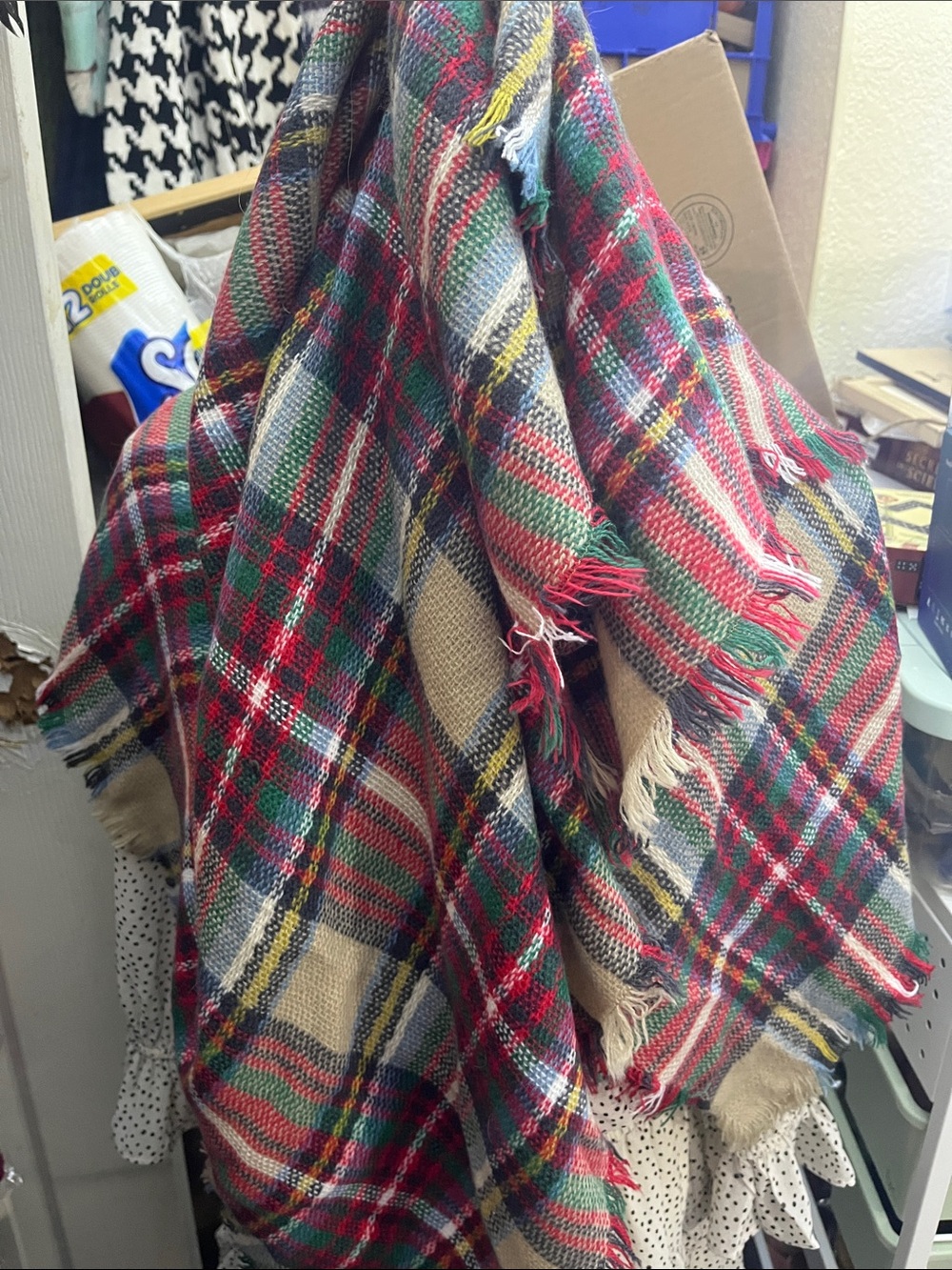 Plaid Blanket Lightweight Scarf - Red, Green & Cream S220 Cozy and Warm